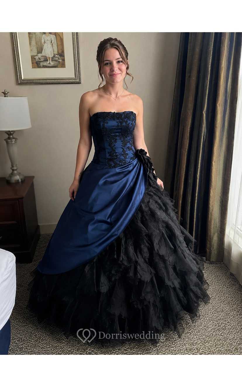 Ballkleid, Teelänge, schulterfrei, mit asymmetrischem Träger, Applikationen, Schnürung am Rücken, Chiffon, Tüll, Spitze, Pailletten, Satin view 9