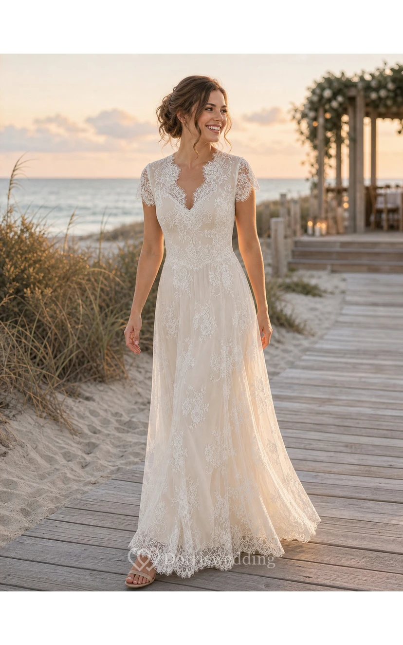 Destination Empire Sheath Wedding Dress with Cap Sleeves and Illusion Button Back view 9