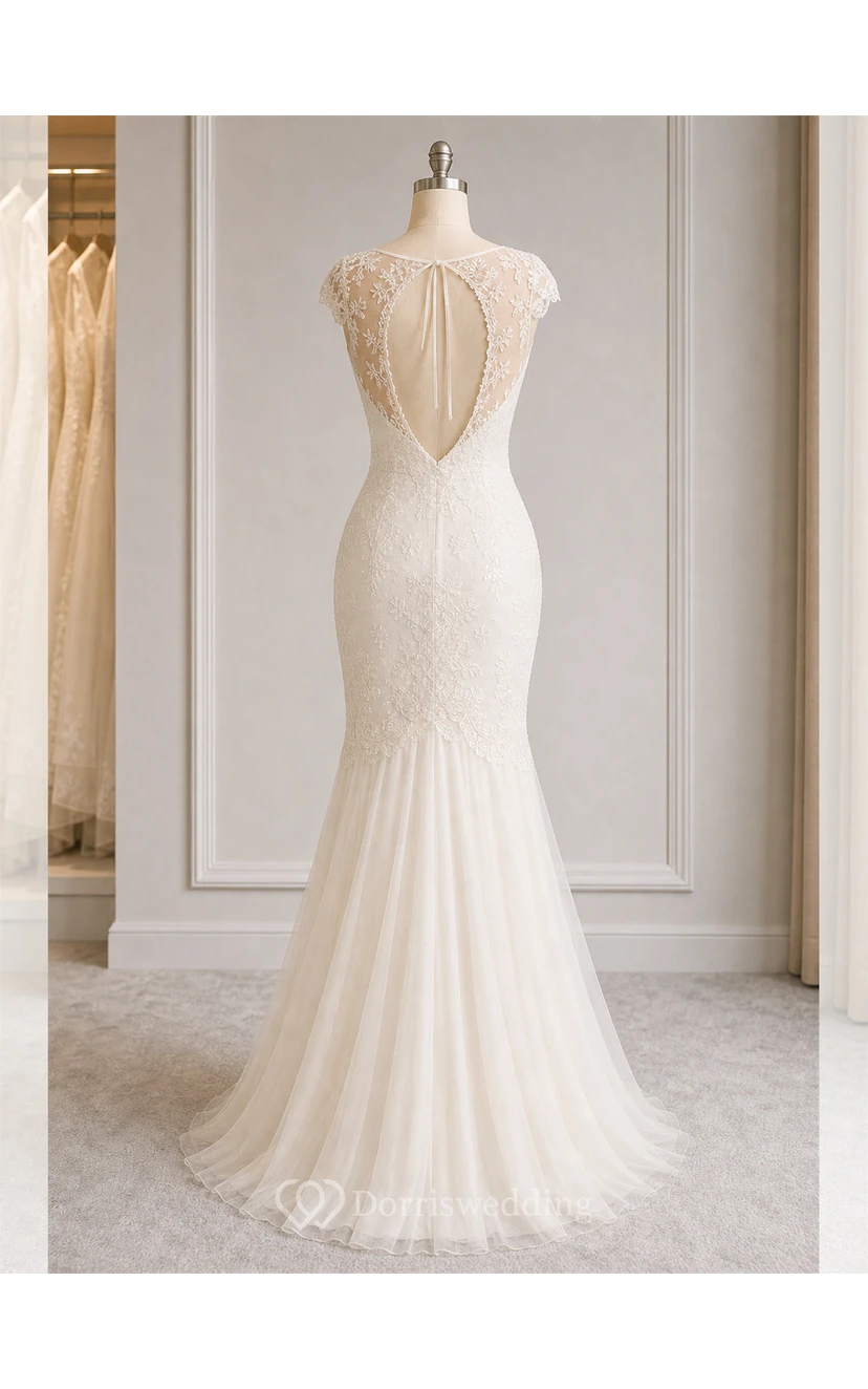 Scoop Maxi Cap-Sleeve Lace Wedding Dress With Illusion view 8
