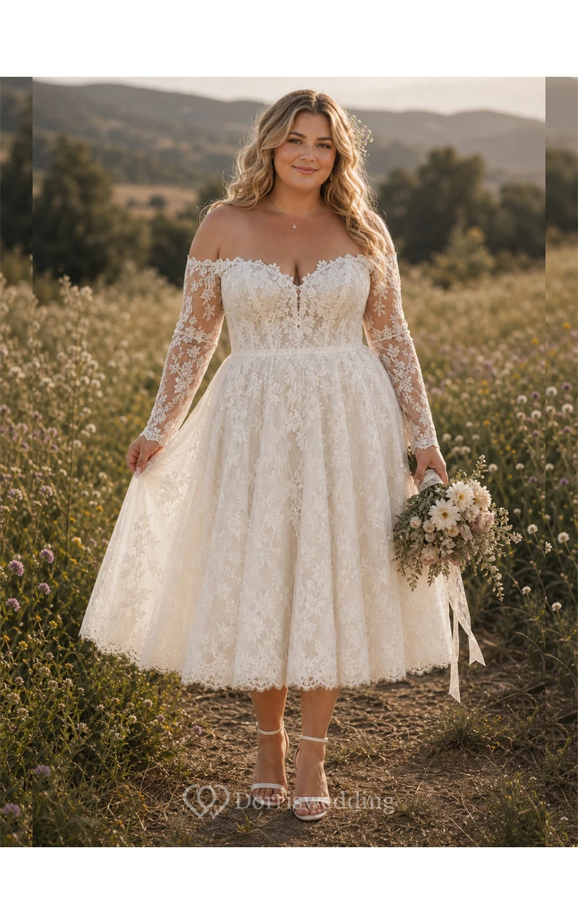 Boho Tea Length Off-the-Shoulder Wedding Dress with Long Lace Sleeves & Full Floral Lace Midi Skirt view 4