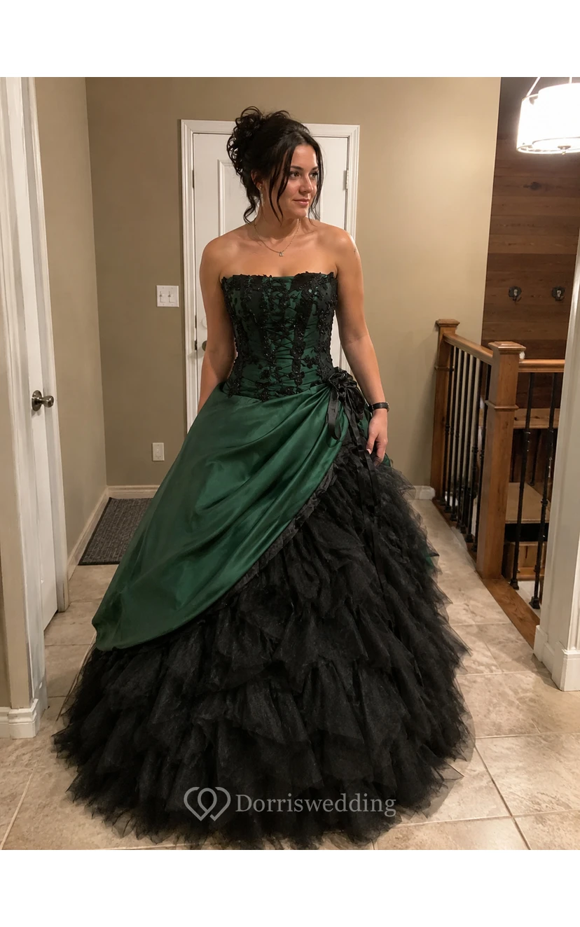 Ballkleid, Teelänge, schulterfrei, mit asymmetrischem Träger, Applikationen, Schnürung am Rücken, Chiffon, Tüll, Spitze, Pailletten, Satin view 10