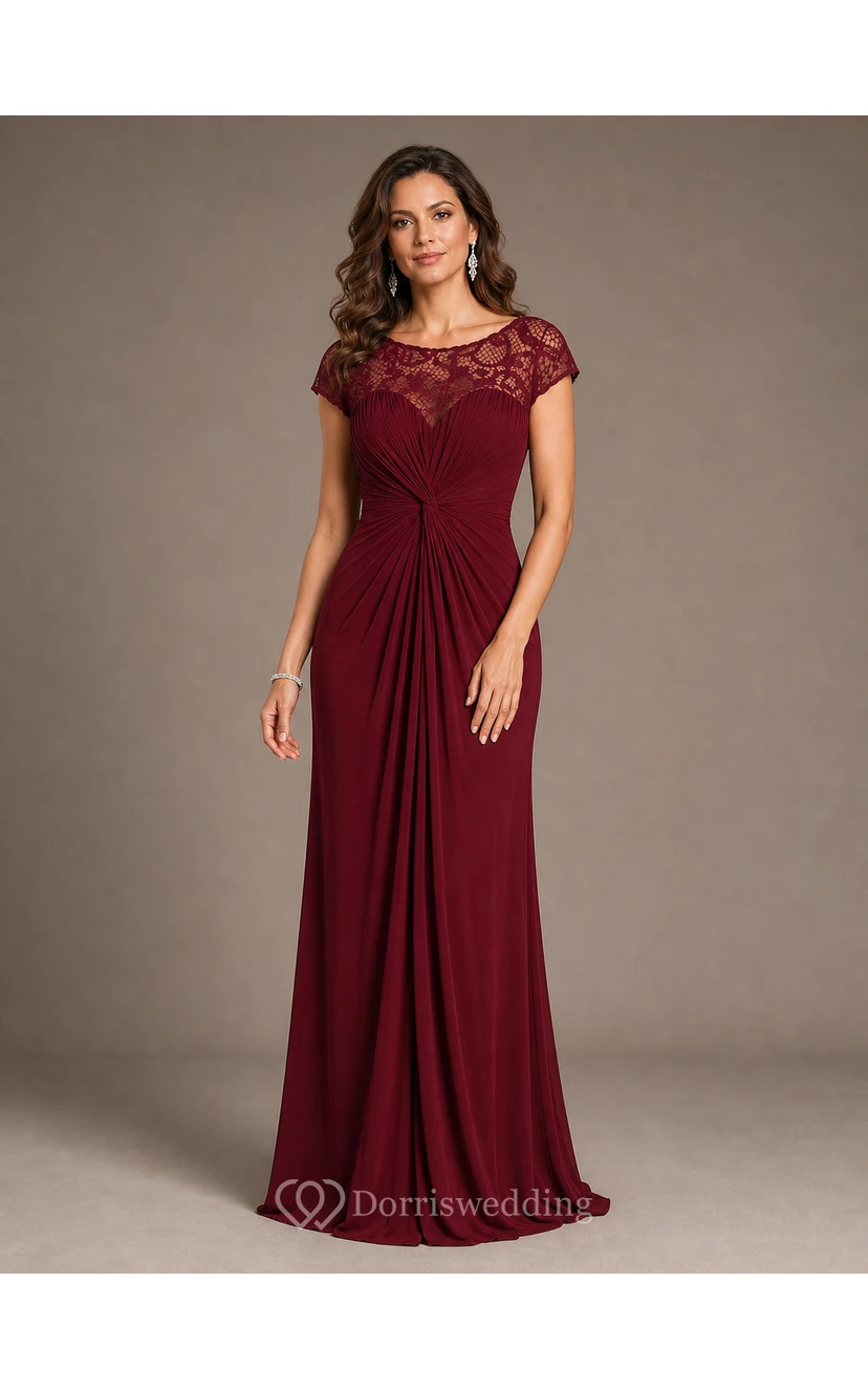 Cap-Sleeved Long Ruched Mother Of The Bride Dress With Illusion Lace Neckline view 16