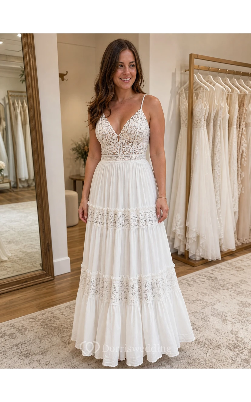 Beach Boho Wedding Dress with Spaghetti Straps, Lace Bodice & Tiered Maxi Skirt view 6