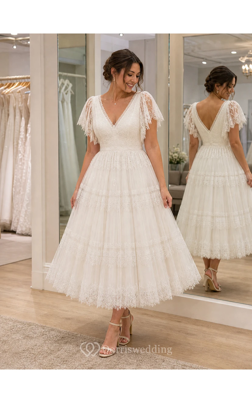 Tea Length Boho Wedding Dress with Flutter Lace Sleeves, V-Neckline & Tiered Tulle Skirt view 6
