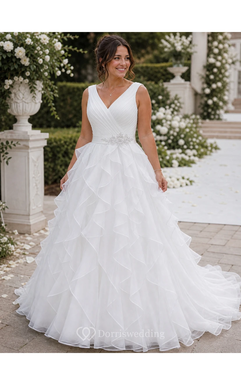 A-Line Cap-Sleeve Long V-Neck Ruched Organza Wedding Dress With Ruffles And Tiers view 9