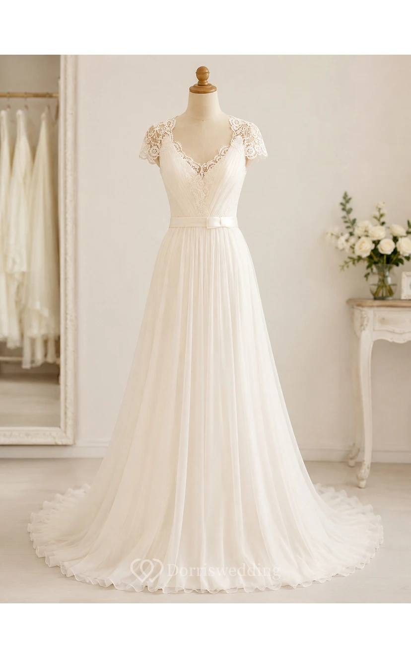 Elegante vestido de novia de gasa con escote redondo y mangas cortas, con encaje. view 6