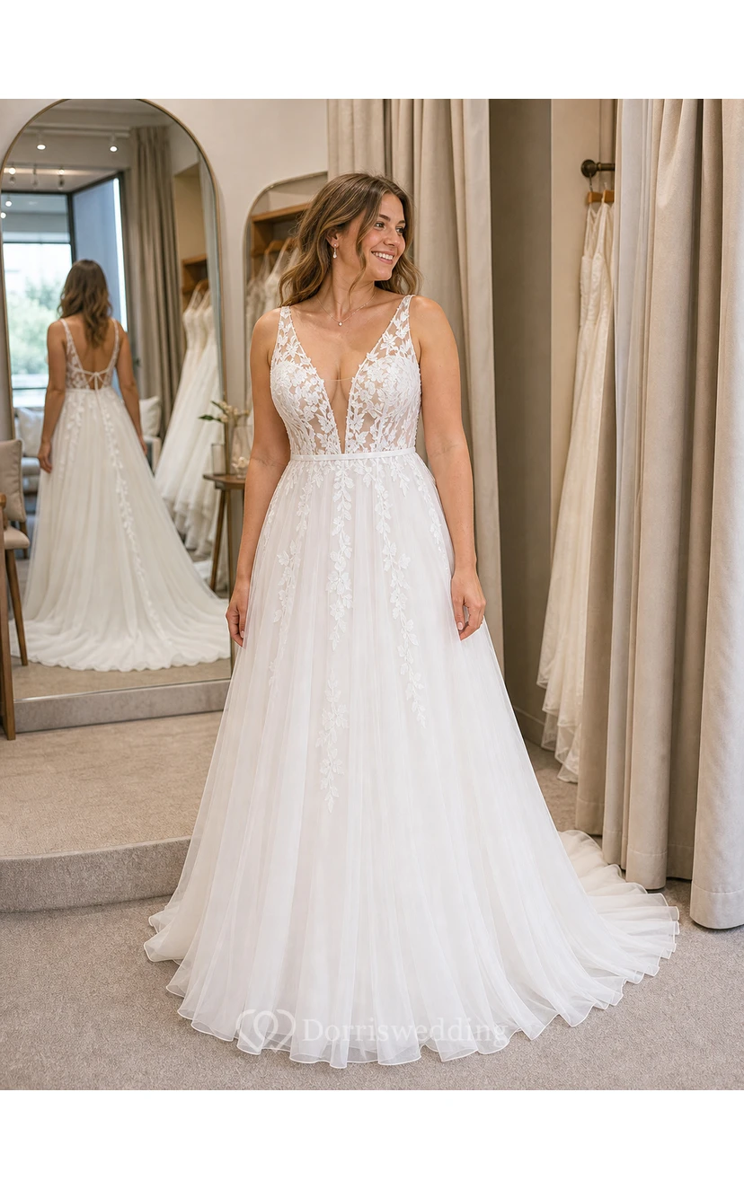 Sexy V-neck Boho Country Tulle A Line Empire Sleeveless Illusion Wedding Dress- white view 6