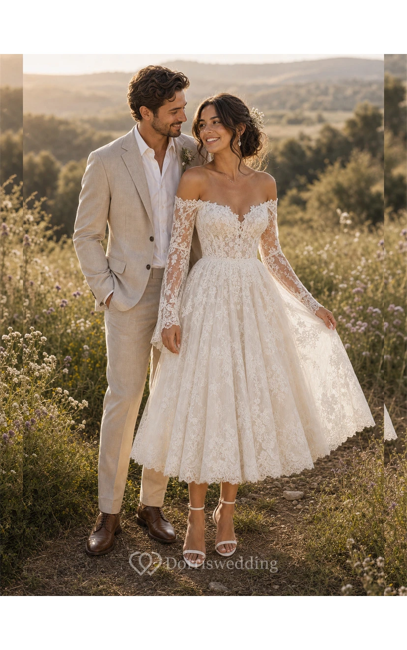 Boho Tea Length Off-the-Shoulder Wedding Dress with Long Lace Sleeves & Full Floral Lace Midi Skirt view 3