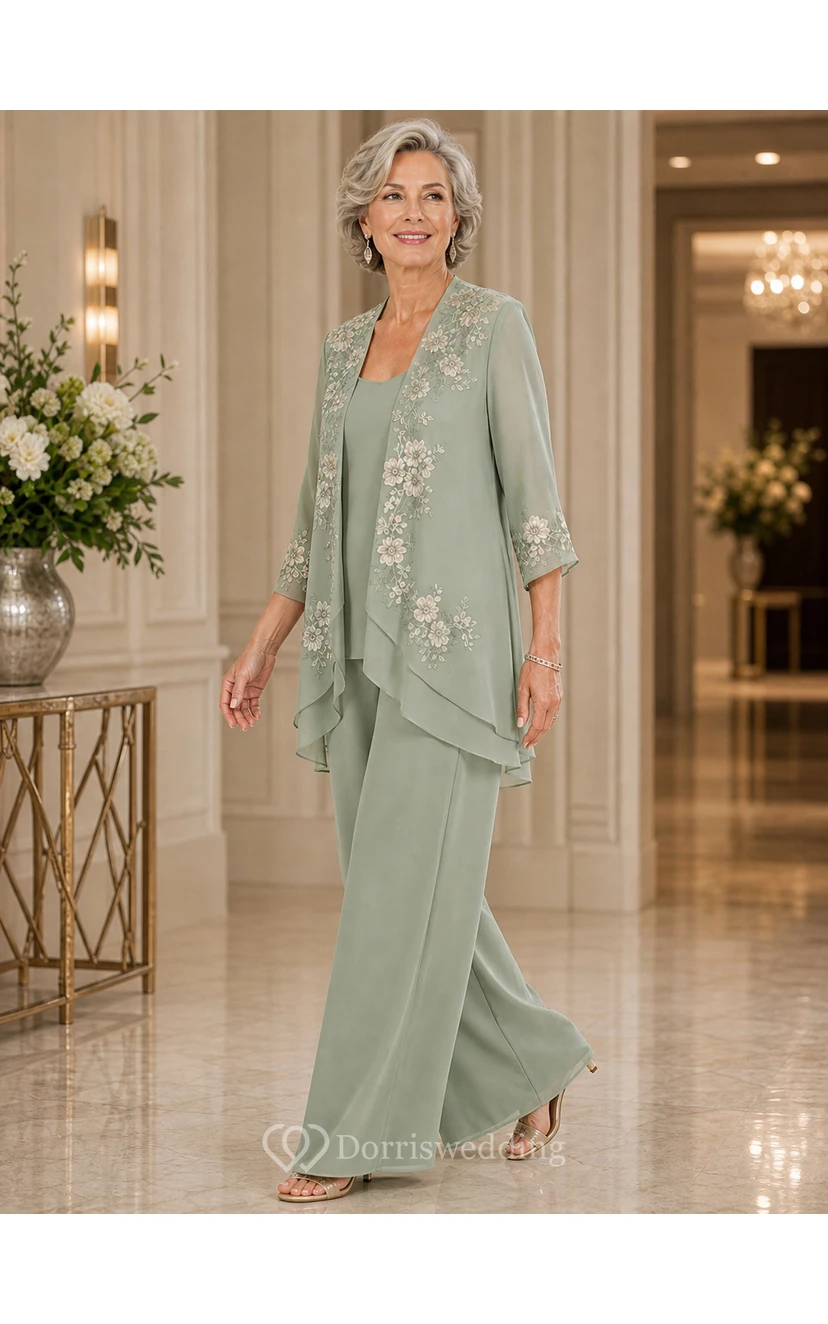 Sage Floral Embroidered Mother Pantsuit Sage Scoop Jewel Jumpsuit Ankle-length view 3