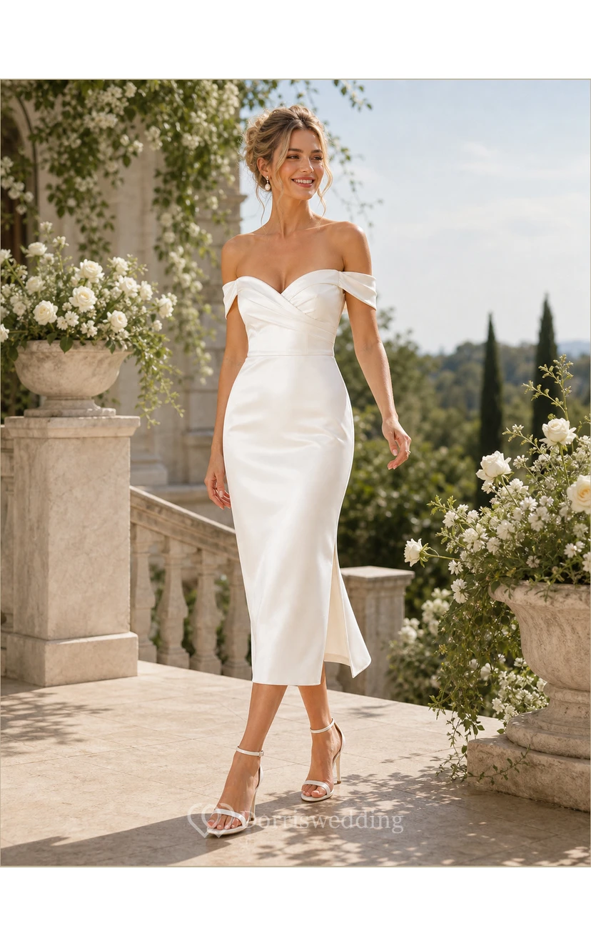 Ivory Off-the-Shoulder Satin Tea-Length Bridal Midi Dress view 5