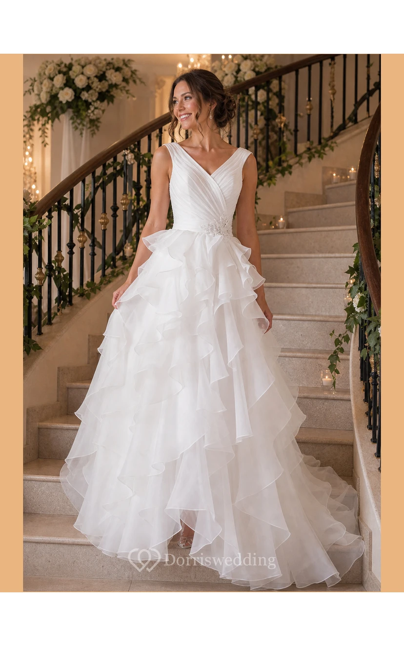 A-Line Cap-Sleeve Long V-Neck Ruched Organza Wedding Dress With Ruffles And Tiers view 10