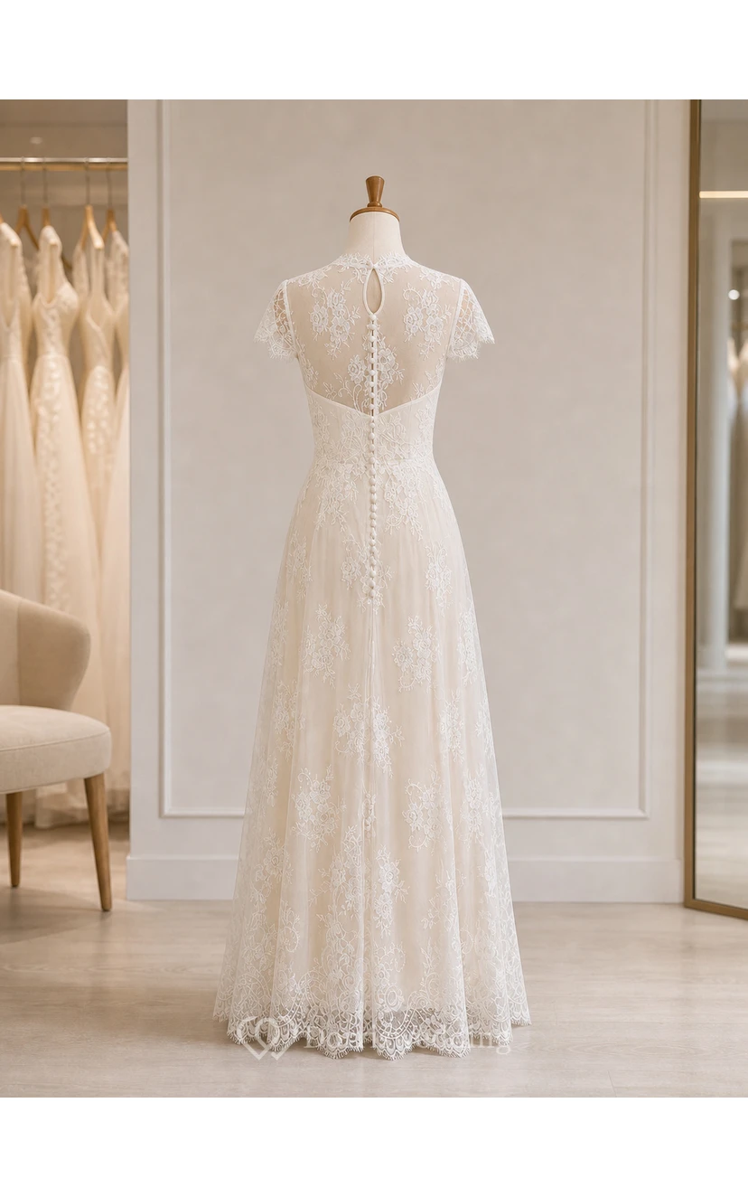 Destination Empire Sheath Wedding Dress with Cap Sleeves and Illusion Button Back view 8