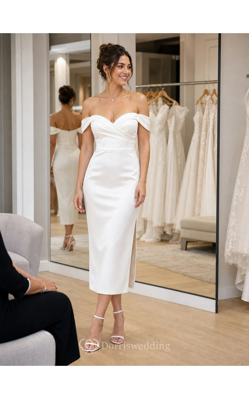 Ivory Off-the-Shoulder Satin Tea-Length Bridal Midi Dress view 6