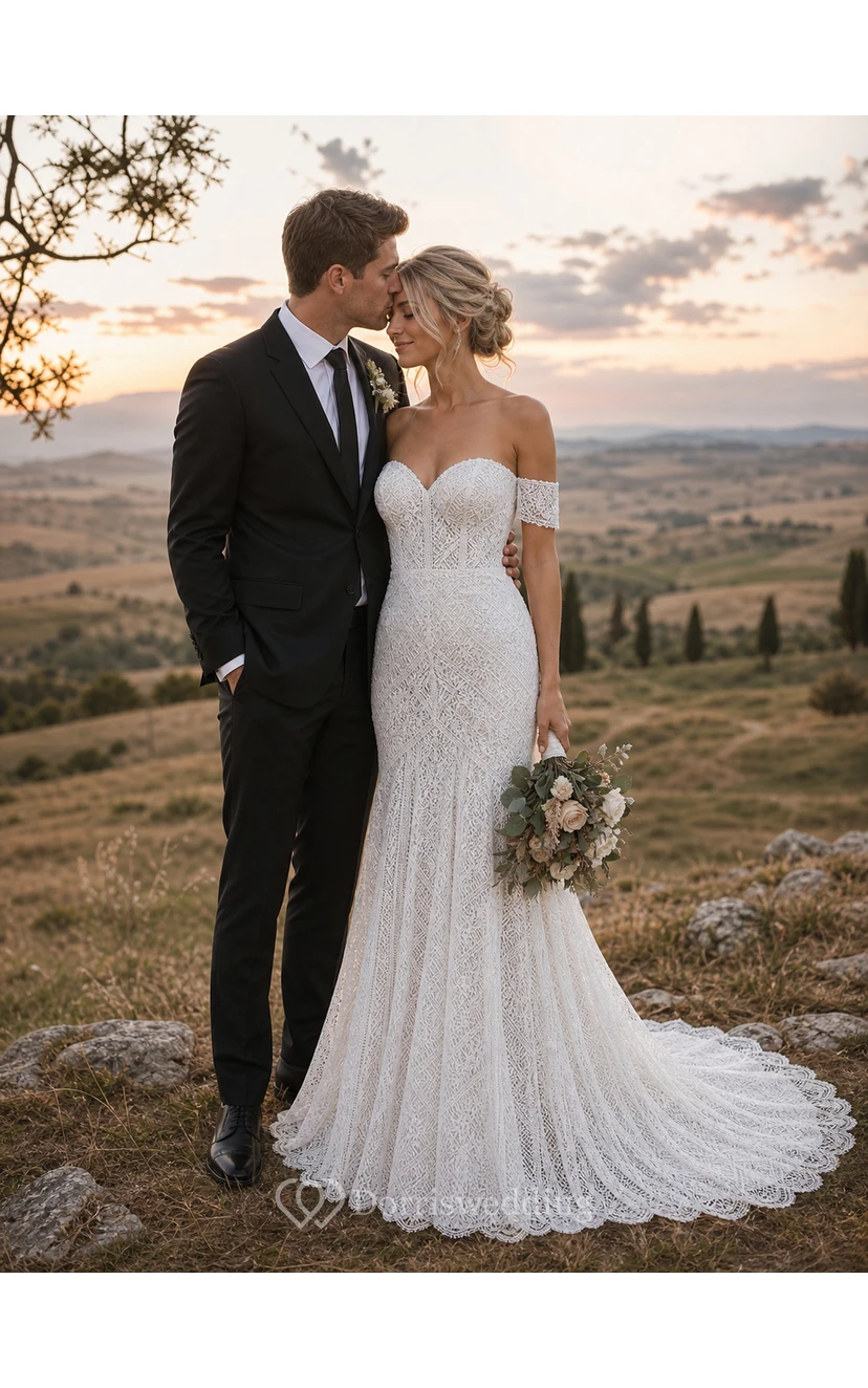 Boho Sweetheart Sheath Lace Empire Sweep Train Wedding Dress view 4