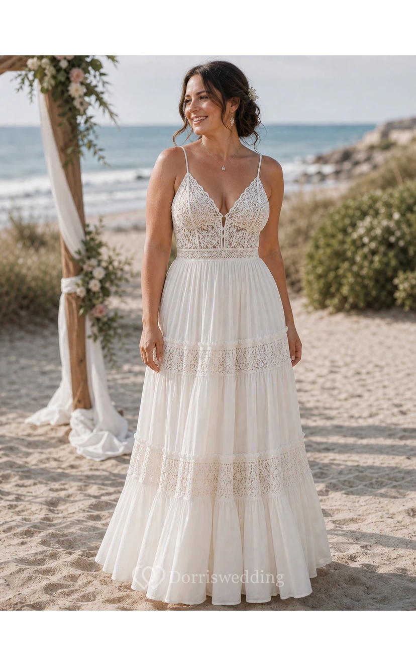 Beach Boho Wedding Dress with Spaghetti Straps, Lace Bodice & Tiered Maxi Skirt view 9