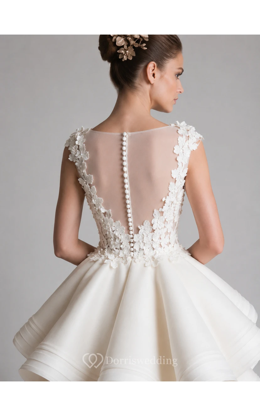 Elfenbeinfarbenes Brautkleid mit Schmuckkragen, floralen Applikationen und asymmetrischem Saum view 6