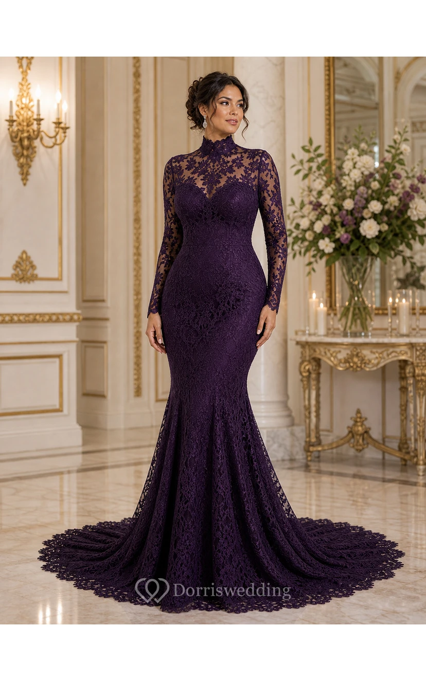 High Neck Long Sleeve Black Lace Mermaid Wedding Gown view 7