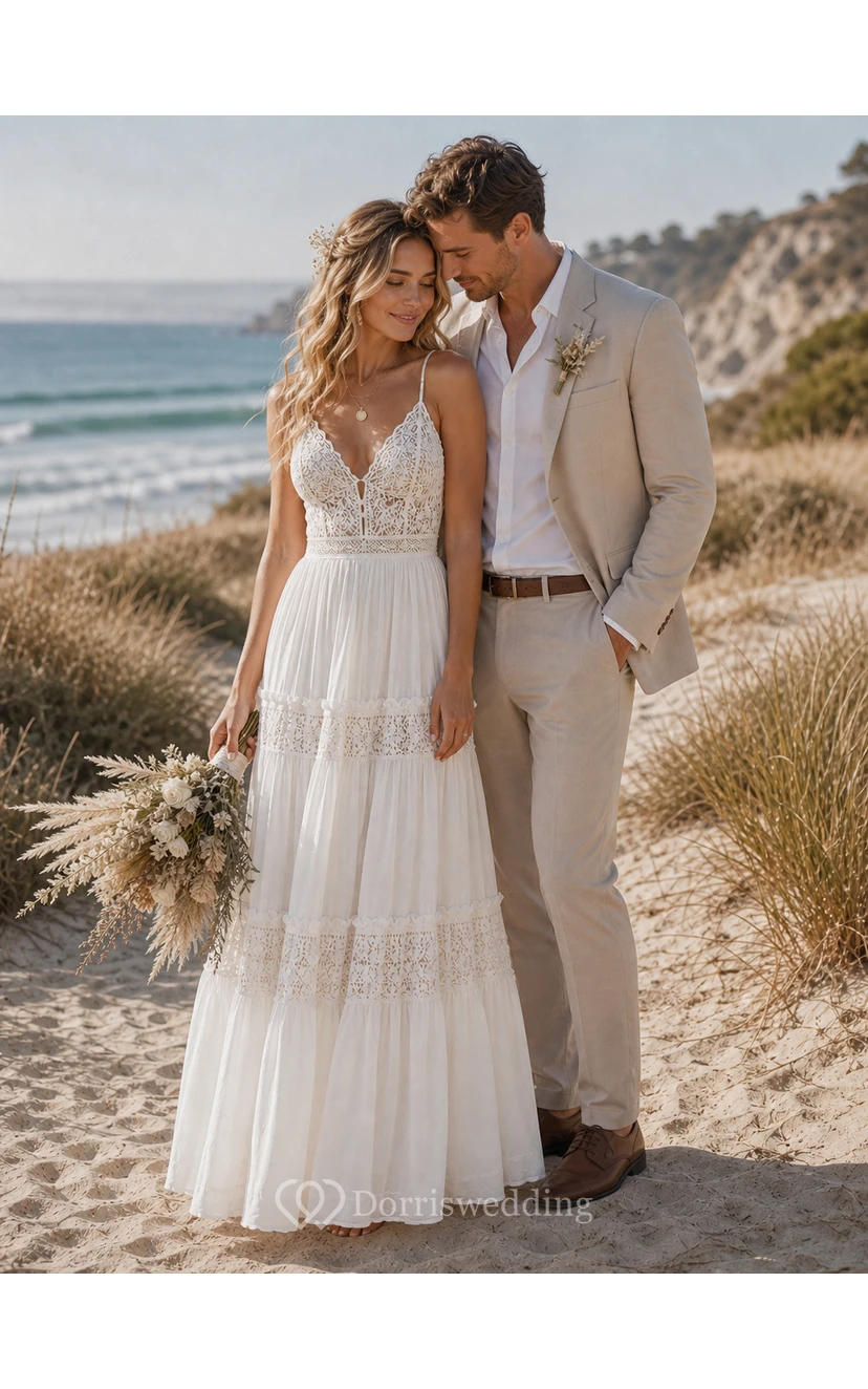 Beach Boho Wedding Dress with Spaghetti Straps, Lace Bodice & Tiered Maxi Skirt view 3