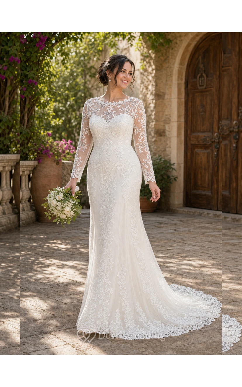 Sheath Long-Sleeve High Neck Tulle&Lace Wedding Dress With Sweep Train view 10