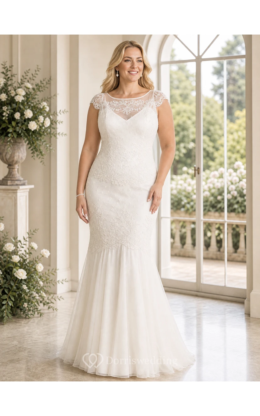 Scoop Maxi Cap-Sleeve Lace Wedding Dress With Illusion view 4