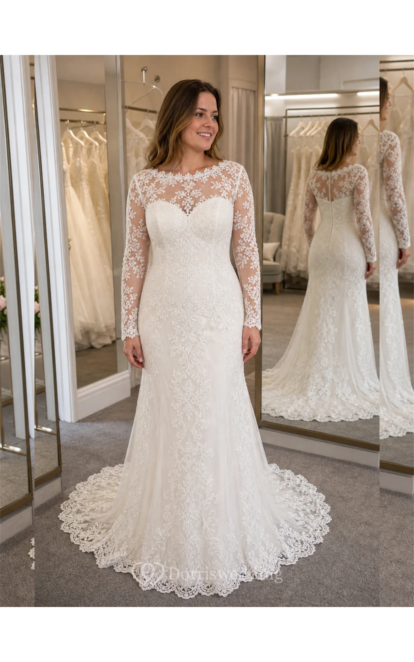 Sheath Long-Sleeve High Neck Tulle&Lace Wedding Dress With Sweep Train view 6