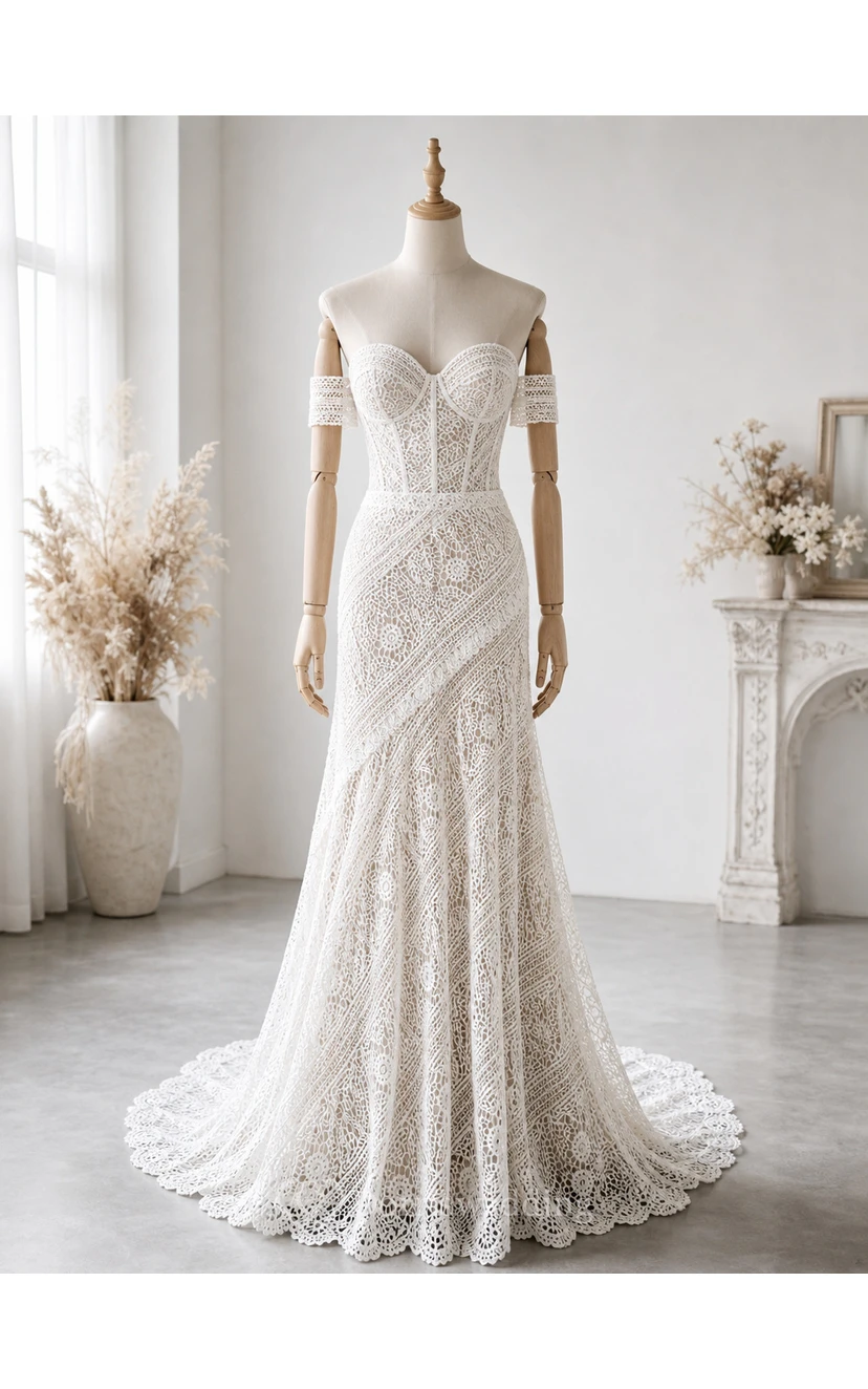 Boho Sweetheart Sheath Lace Empire Sweep Train Wedding Dress view 7