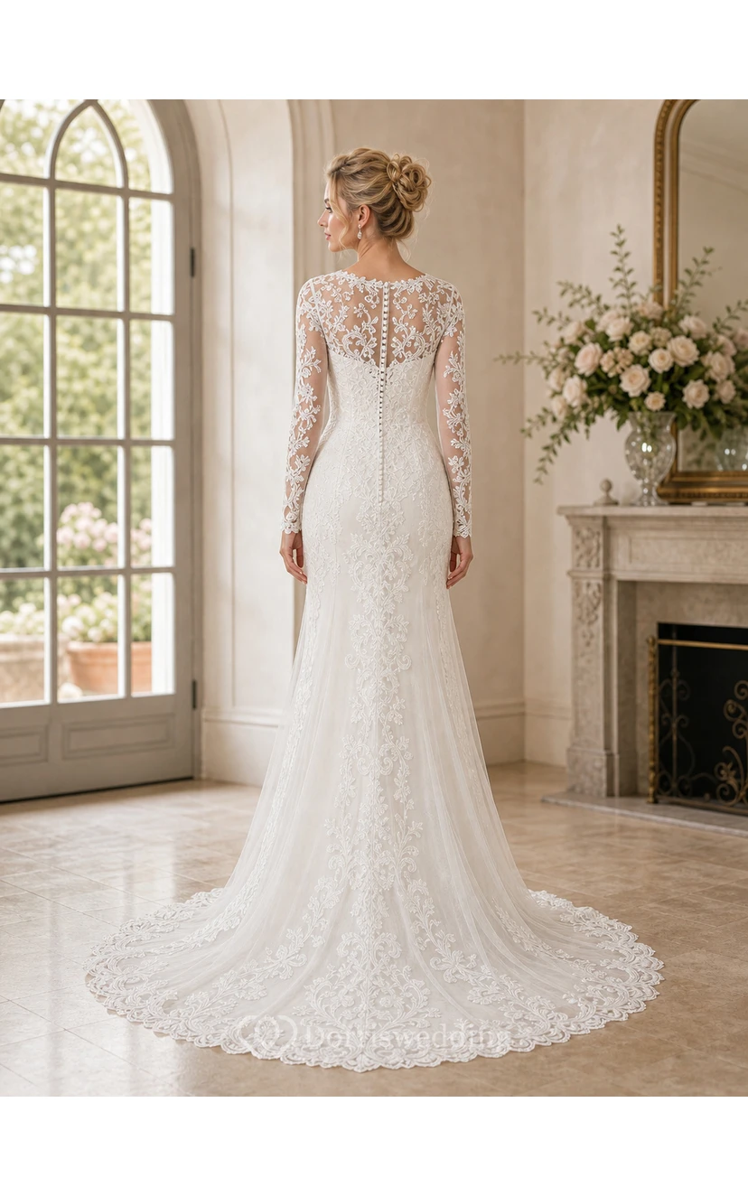 Sheath Long-Sleeve High Neck Tulle&Lace Wedding Dress With Sweep Train view 4