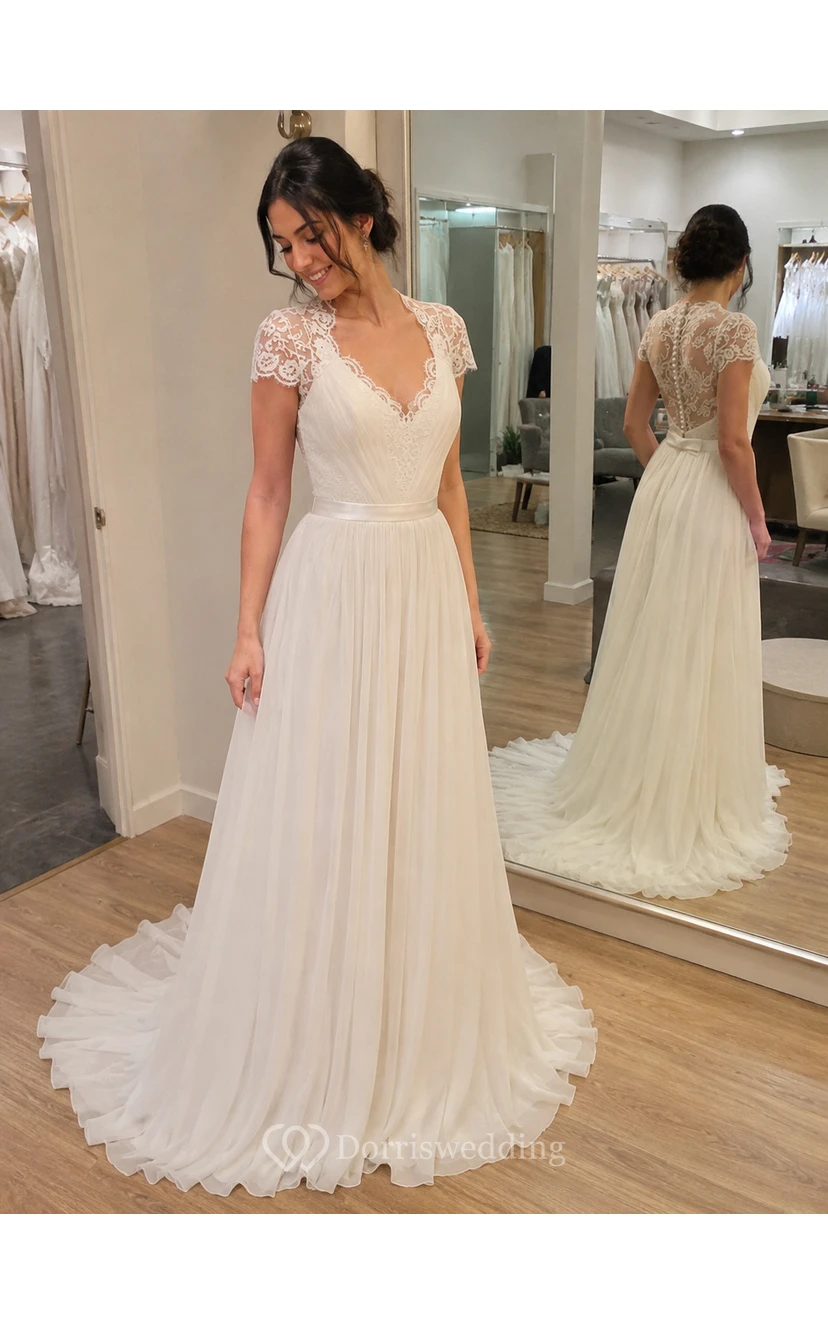 Elegante vestido de novia de gasa con escote redondo y mangas cortas, con encaje. view 8