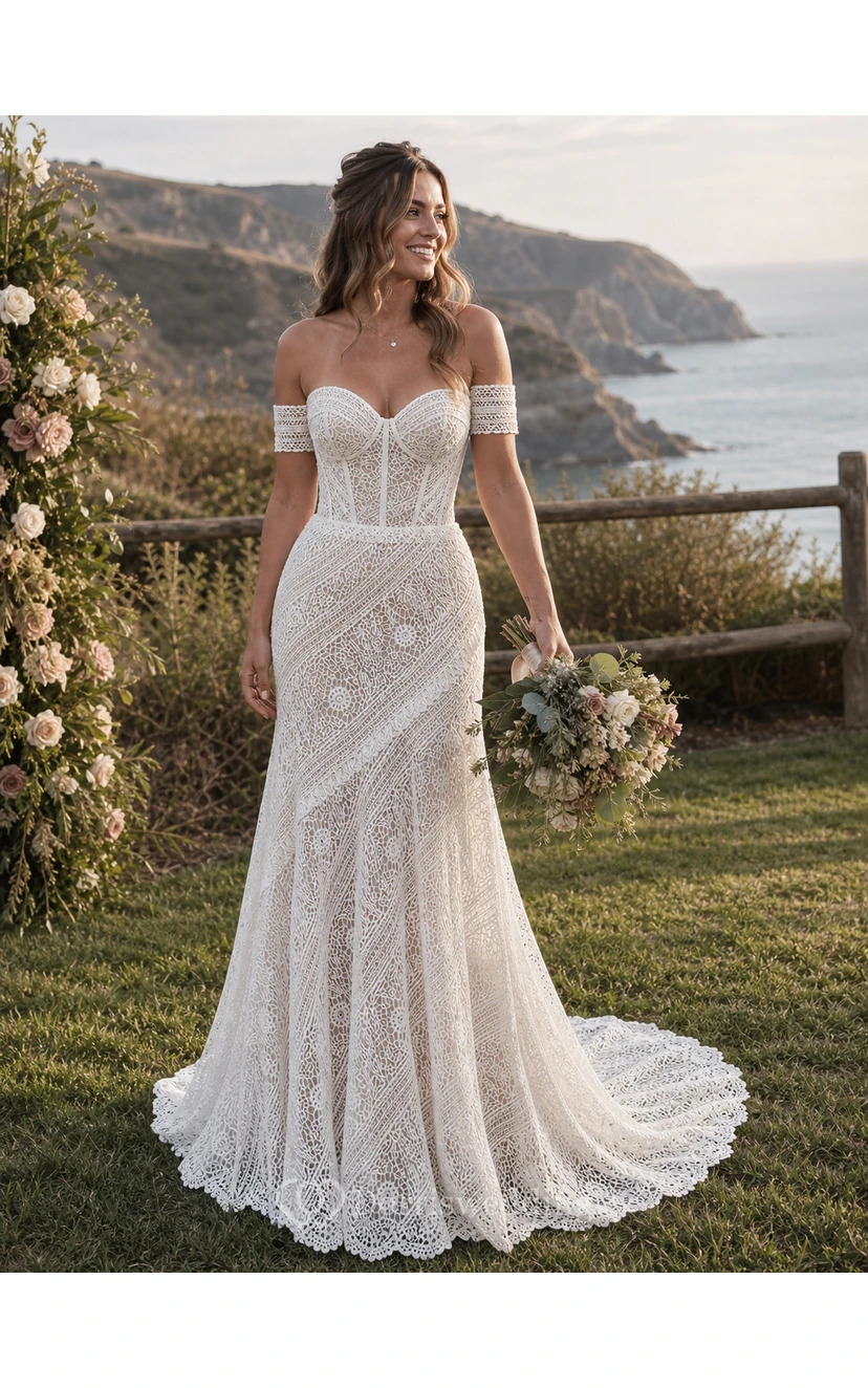 Boho Sweetheart Sheath Lace Empire Sweep Train Wedding Dress view 10