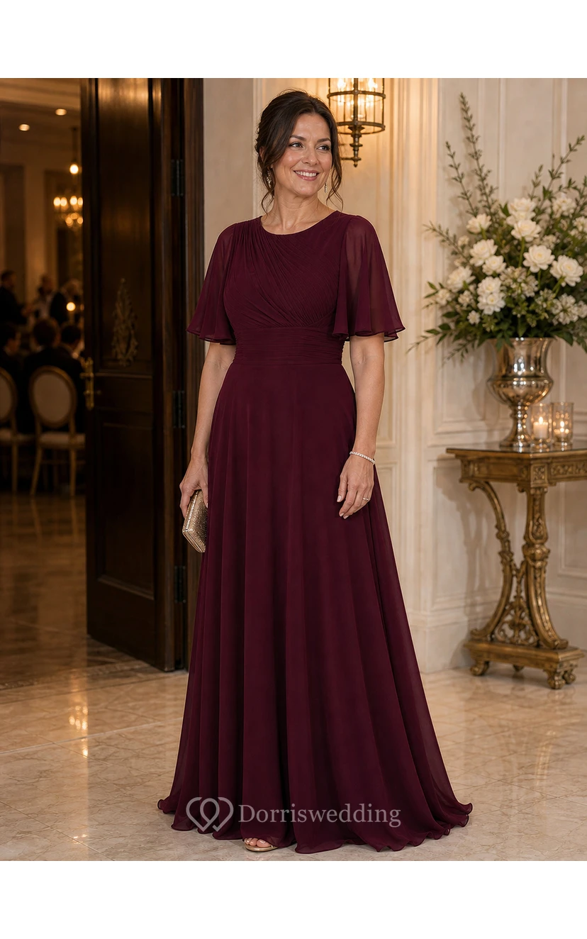 Modest Burgundy Chiffon Flutter Sleeve A-Line Evening Gown view 9