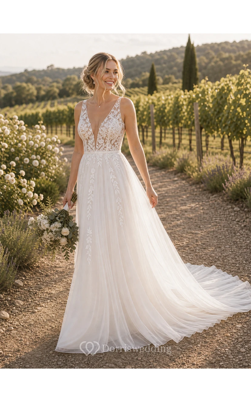 Sexy V-neck Boho Country Tulle A Line Empire Sleeveless Illusion Wedding Dress- white view 5