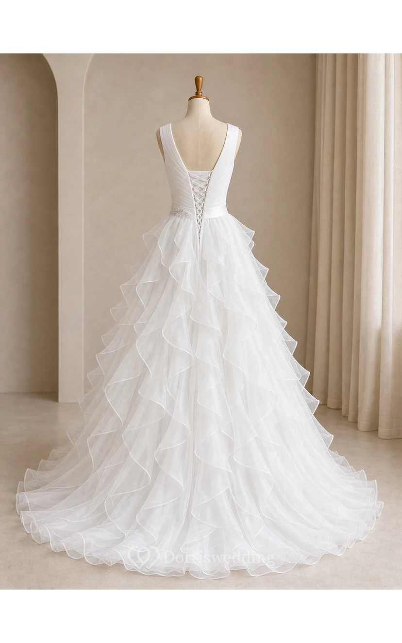 A-Line Cap-Sleeve Long V-Neck Ruched Organza Wedding Dress With Ruffles And Tiers view 8