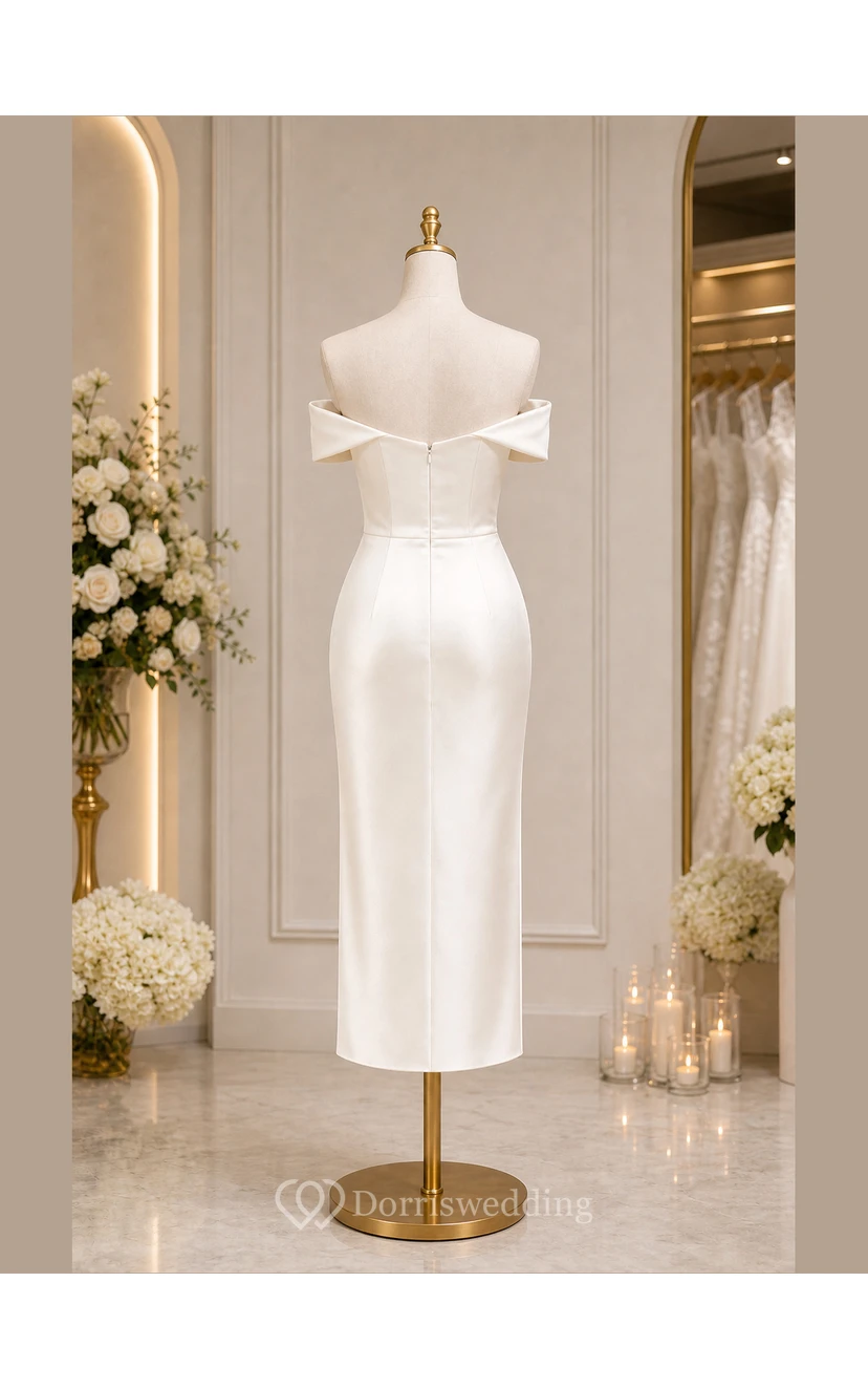 Ivory Off-the-Shoulder Satin Tea-Length Bridal Midi Dress view 8