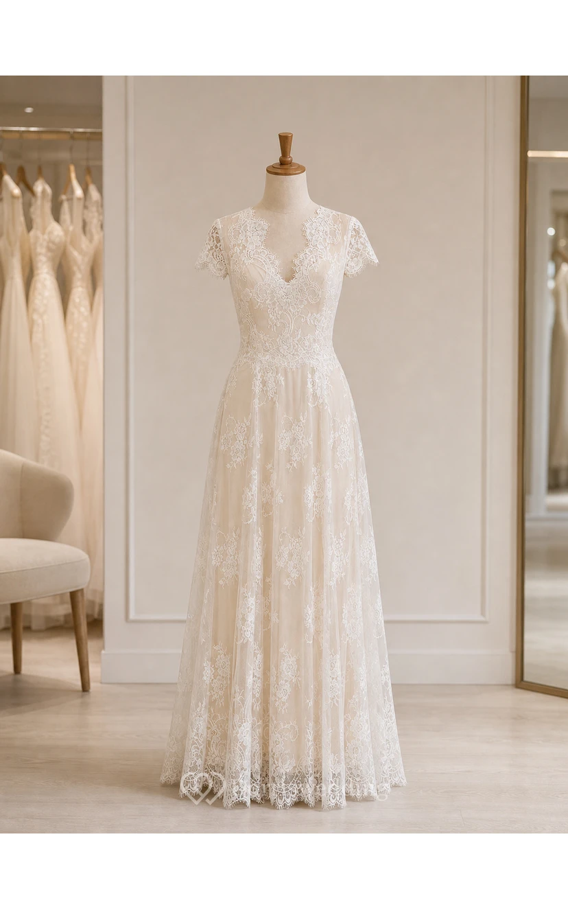 Destination Empire Sheath Wedding Dress with Cap Sleeves and Illusion Button Back view 7