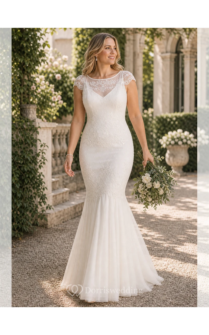 Scoop Maxi Cap-Sleeve Lace Wedding Dress With Illusion view 5