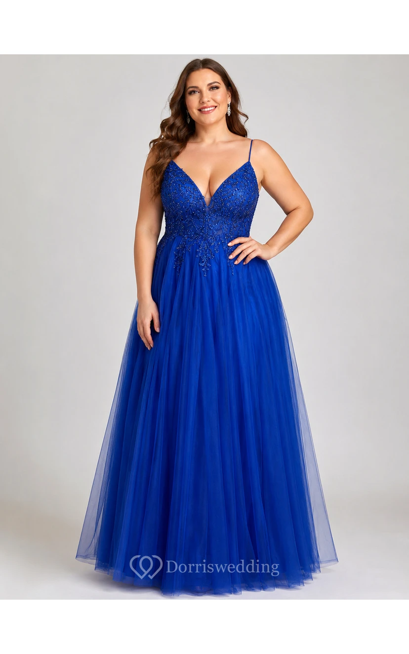 Robe de bal décontractée à bretelles spaghetti, coupe empire, en tulle plissé et haut orné de perles view 4