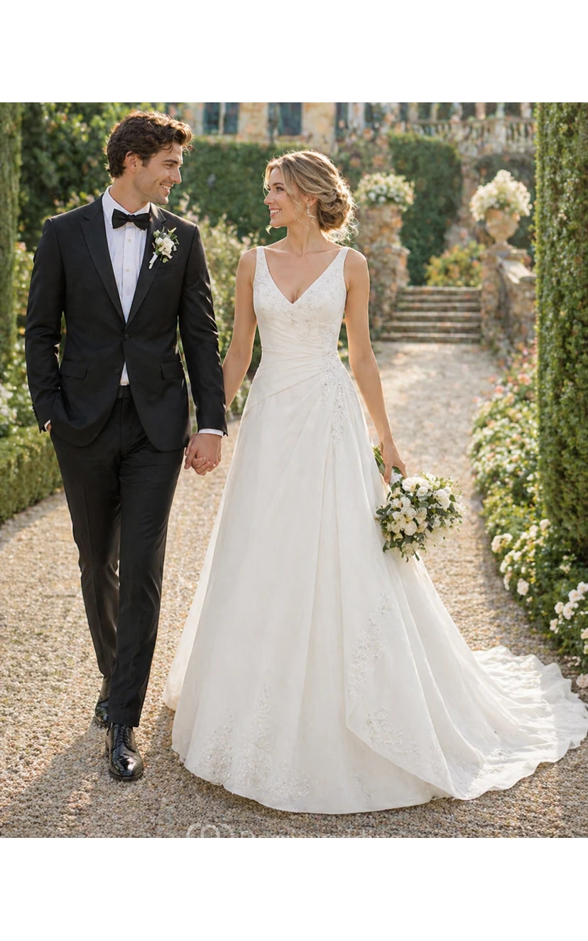 Brautkleid in A-Linie mit V-Ausschnitt, Spitzenapplikationen, Chiffon, gerafftem Oberteil und Schleppe view 5