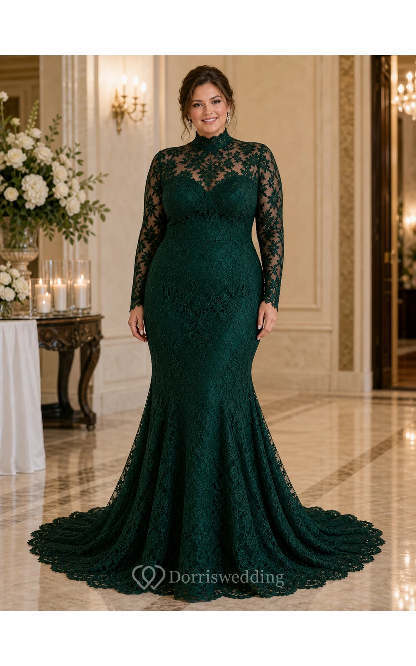 High Neck Long Sleeve Black Lace Mermaid Wedding Gown view 4