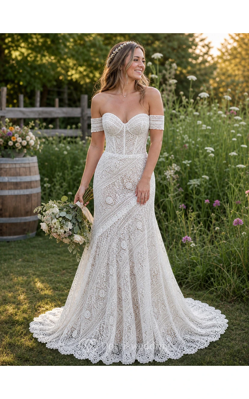 Boho Sweetheart Sheath Lace Empire Sweep Train Wedding Dress view 9
