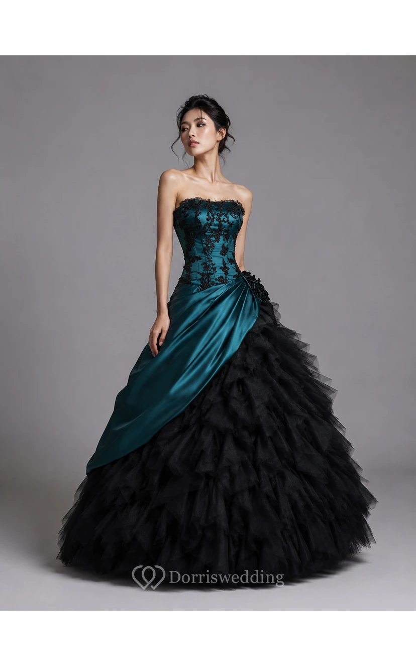 Ballkleid, Teelänge, schulterfrei, mit asymmetrischem Träger, Applikationen, Schnürung am Rücken, Chiffon, Tüll, Spitze, Pailletten, Satin view 6