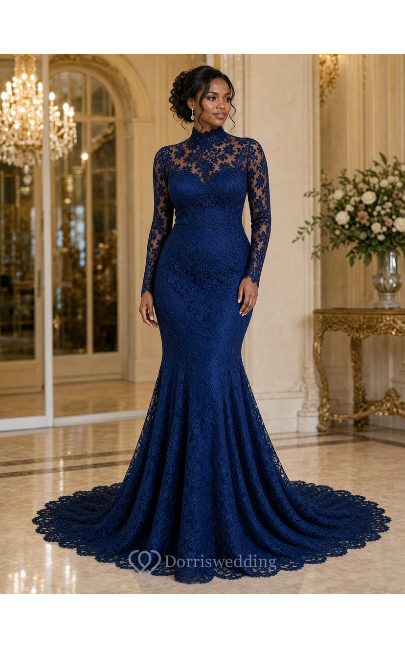 High Neck Long Sleeve Black Lace Mermaid Wedding Gown view 5