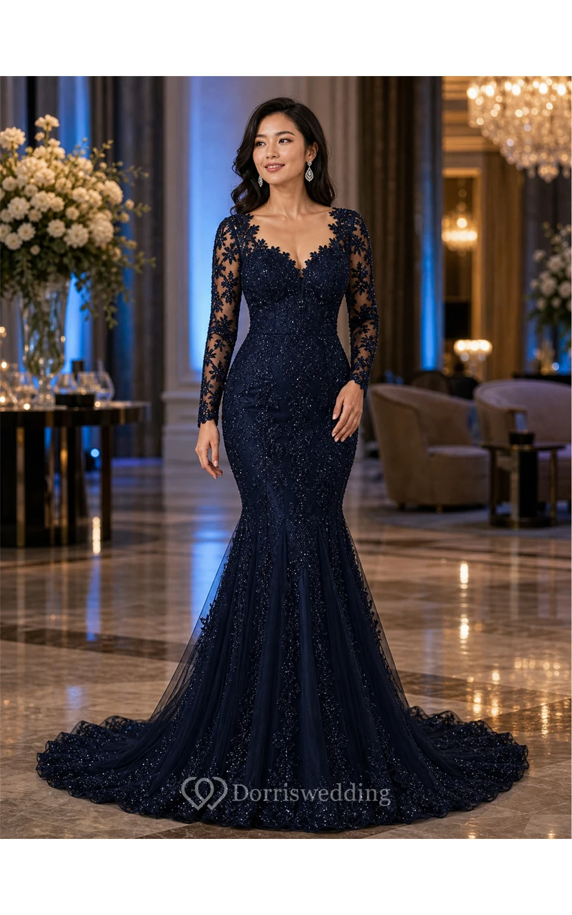 Long Sleeve Black Lace Mermaid Wedding Dress view 8