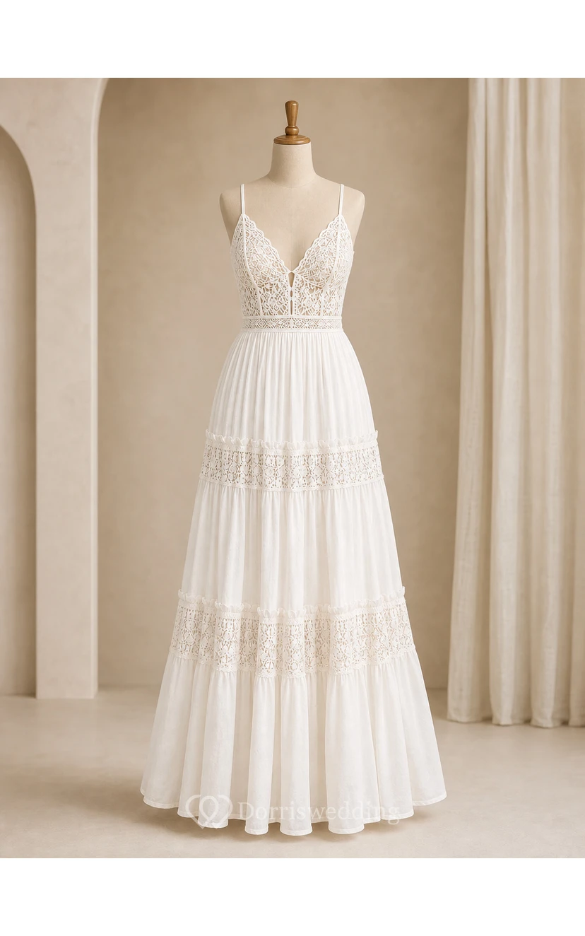 Beach Boho Wedding Dress with Spaghetti Straps, Lace Bodice & Tiered Maxi Skirt view 7