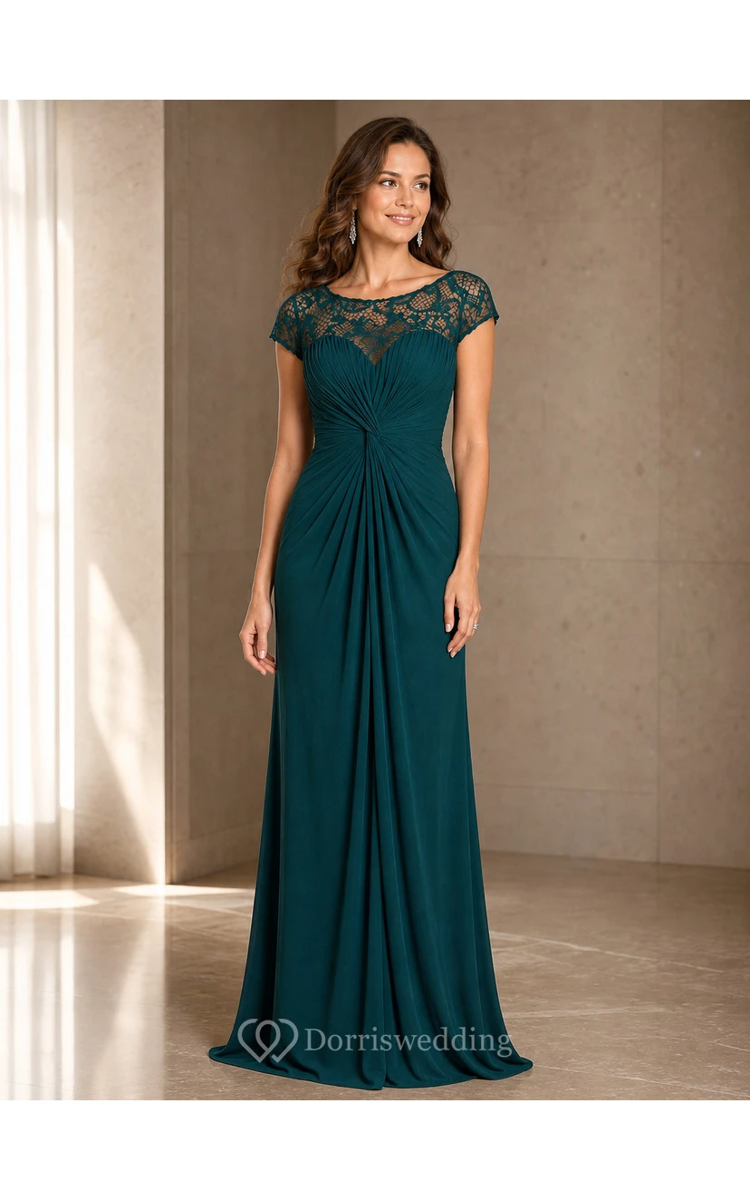 Cap-Sleeved Long Ruched Mother Of The Bride Dress With Illusion Lace Neckline view 15