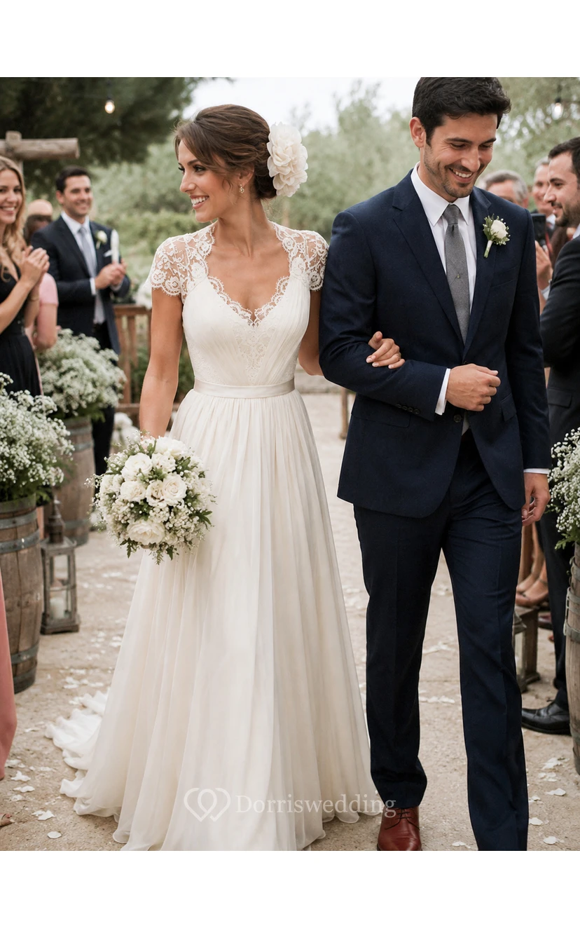 Elegante vestido de novia de gasa con escote redondo y mangas cortas, con encaje. view 5