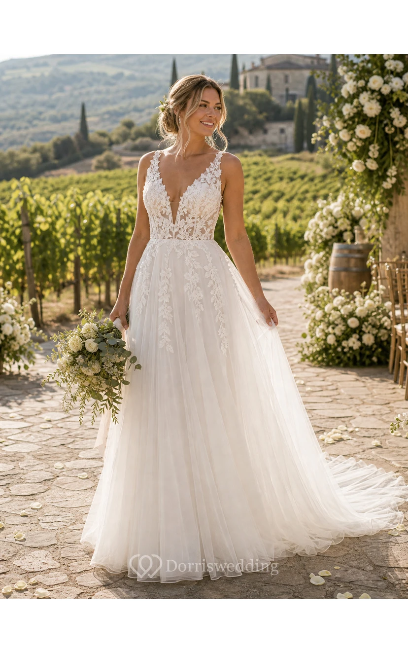 Sexy V-neck Boho Country Tulle A Line Empire Sleeveless Illusion Wedding Dress- white view 10