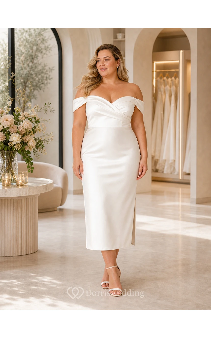Ivory Off-the-Shoulder Satin Tea-Length Bridal Midi Dress view 4