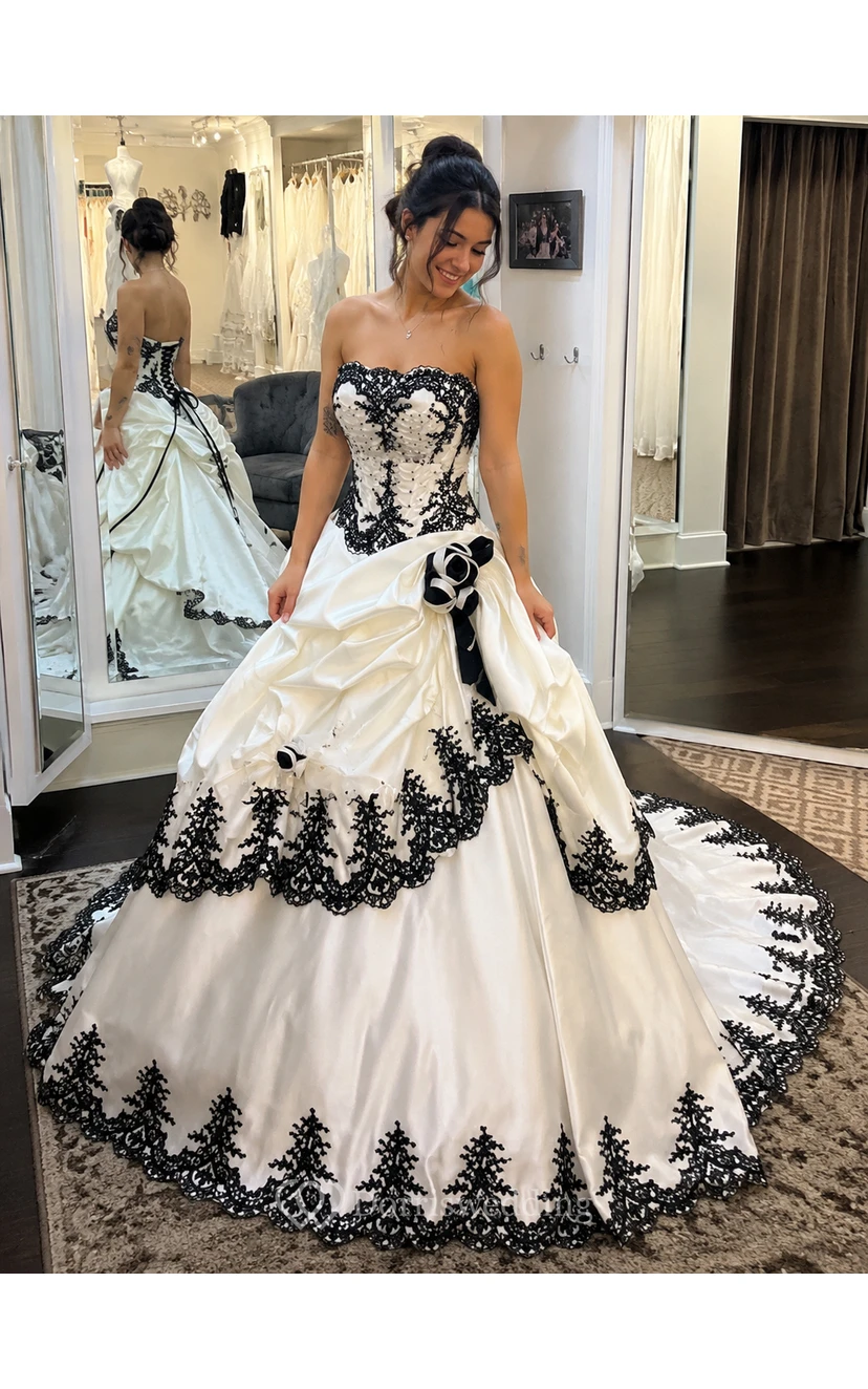 Ball Gown Taffeta Strapless Sleeveless Court Train Princess Wedding Dress with Beading Cascading Ruffles and Tiers view 6
