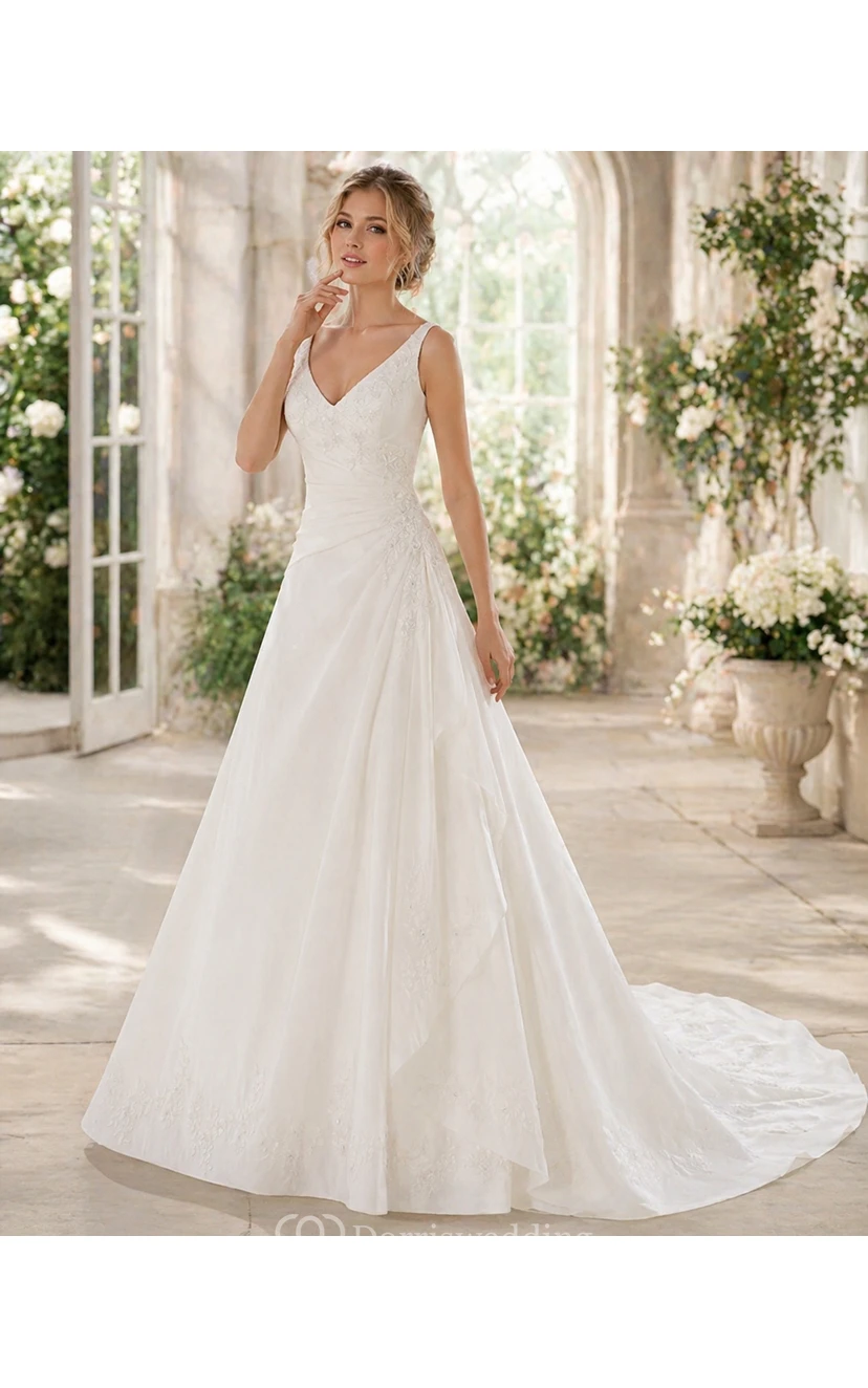 Brautkleid in A-Linie mit V-Ausschnitt, Spitzenapplikationen, Chiffon, gerafftem Oberteil und Schleppe view 3