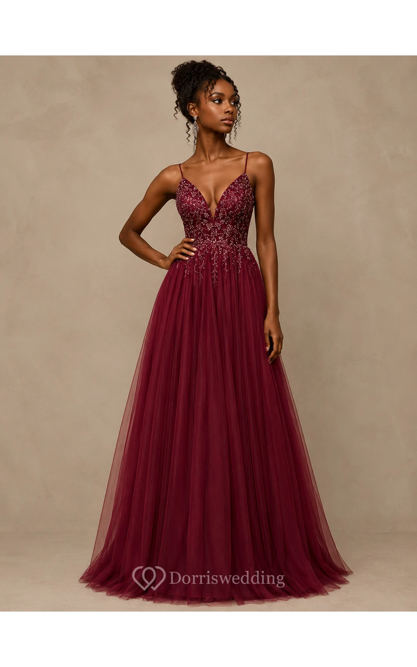 Robe de bal décontractée à bretelles spaghetti, coupe empire, en tulle plissé et haut orné de perles view 5